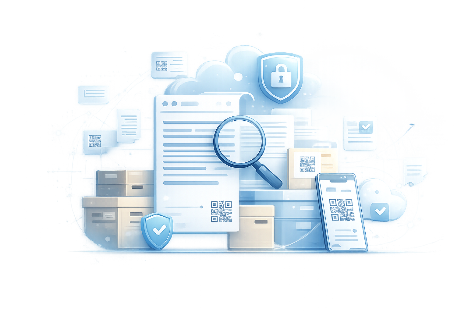 Secure digital archive showing electronic documents, cloud storage, search, and protected backup